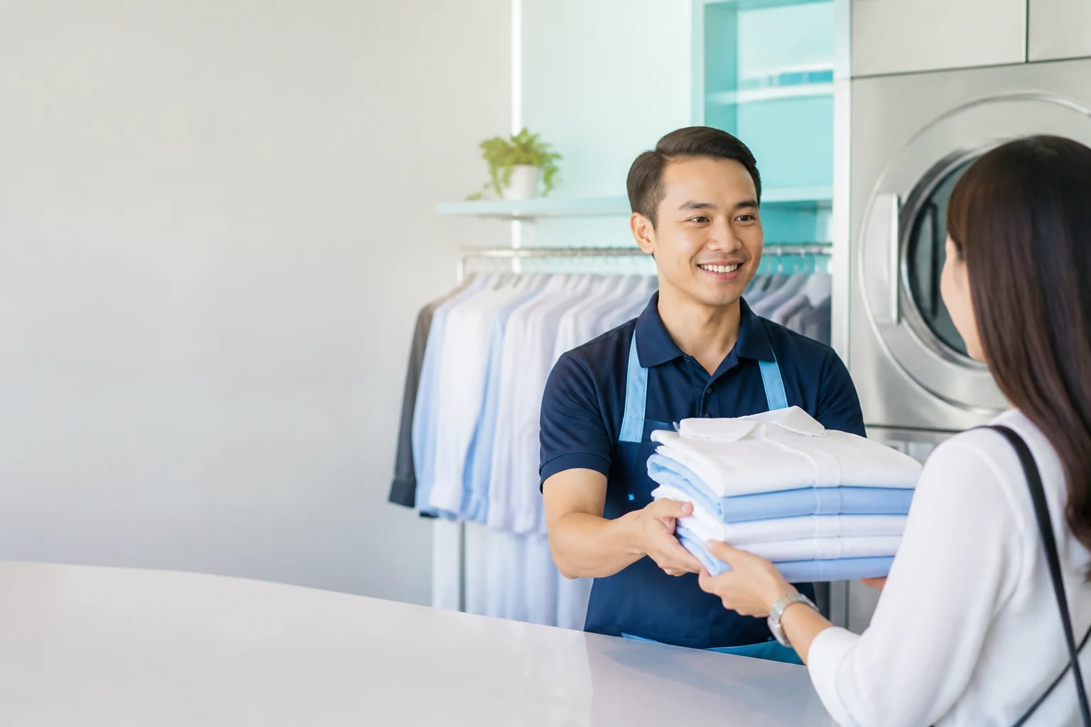 A laundry care specialist returning freshly cleaned garments to a customer
